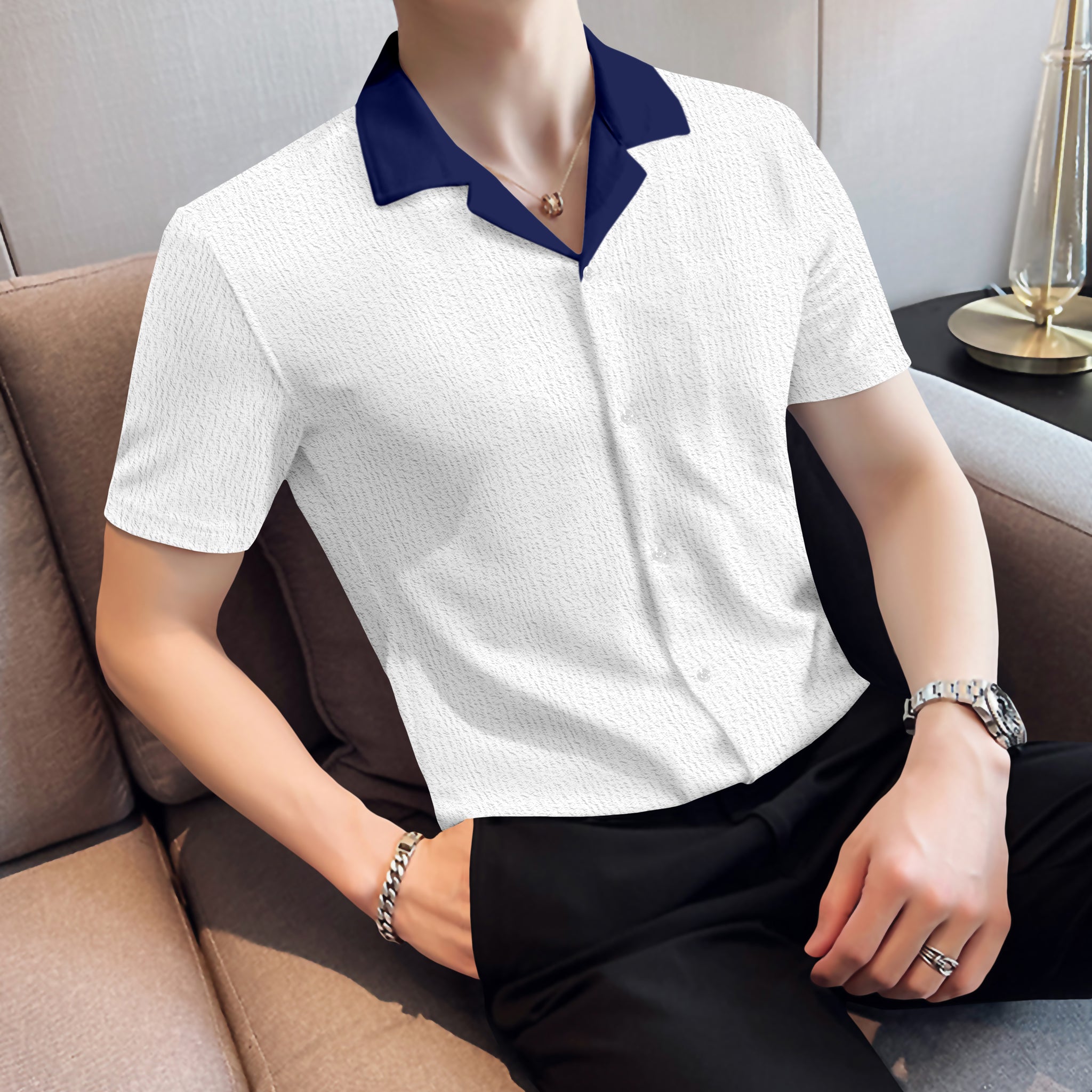 Premium White Shirt With Blue Revere Collar