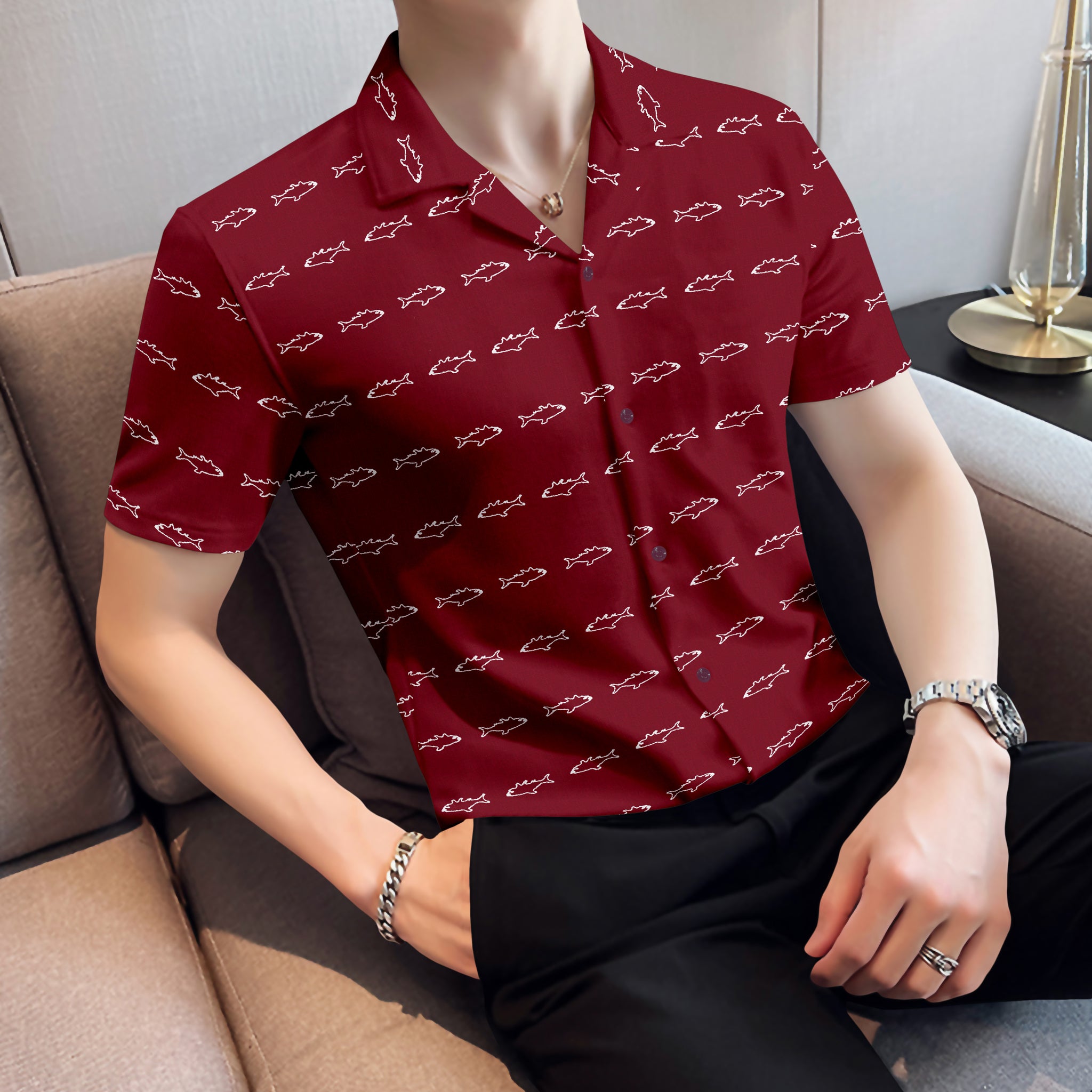Fishy Embroidered Casual Half Sleeve Shirt