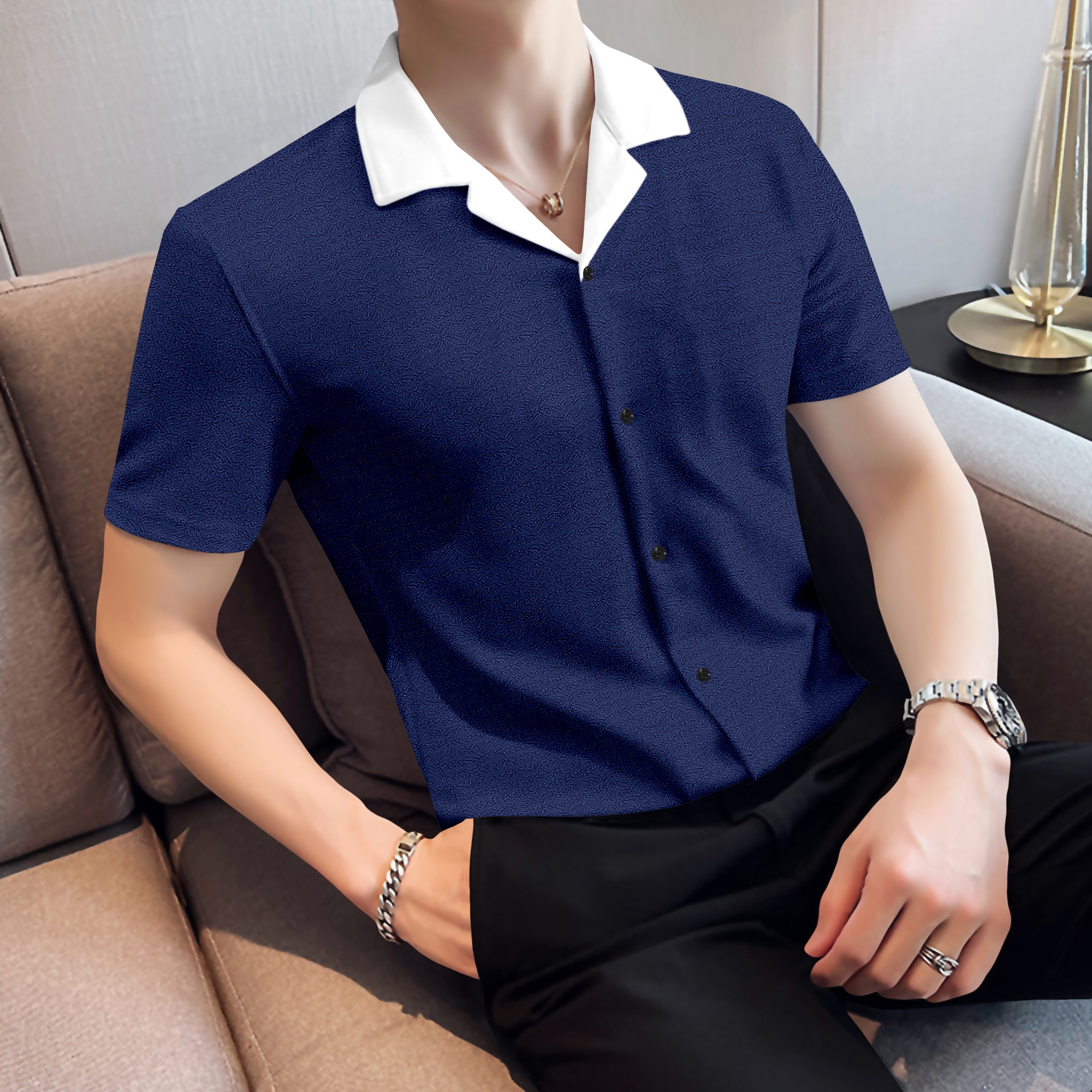 Premium Blue Shirt With White Revere Collar