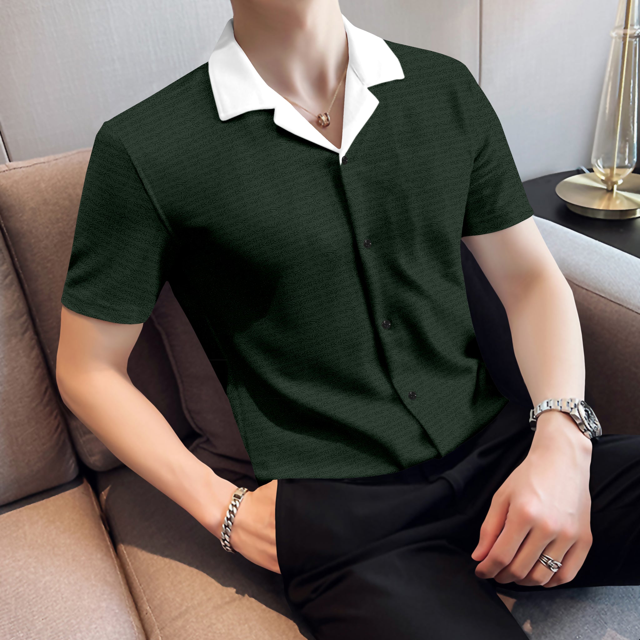 Premium Green Shirt With White Revere Collar