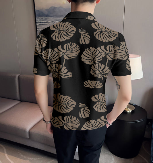 Leafy Black Aesthetic Half Sleeve Shirt With Revere Collar