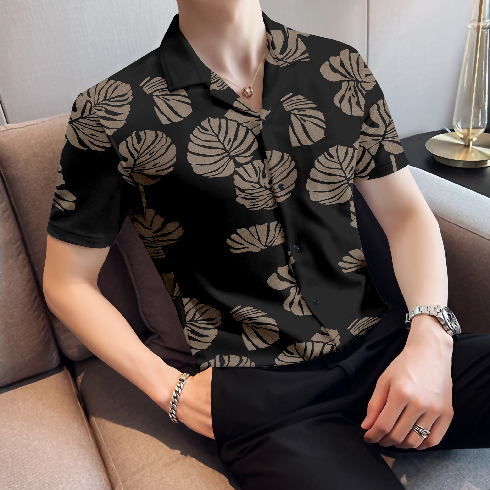Leafy Black Aesthetic Half Sleeve Shirt With Revere Collar