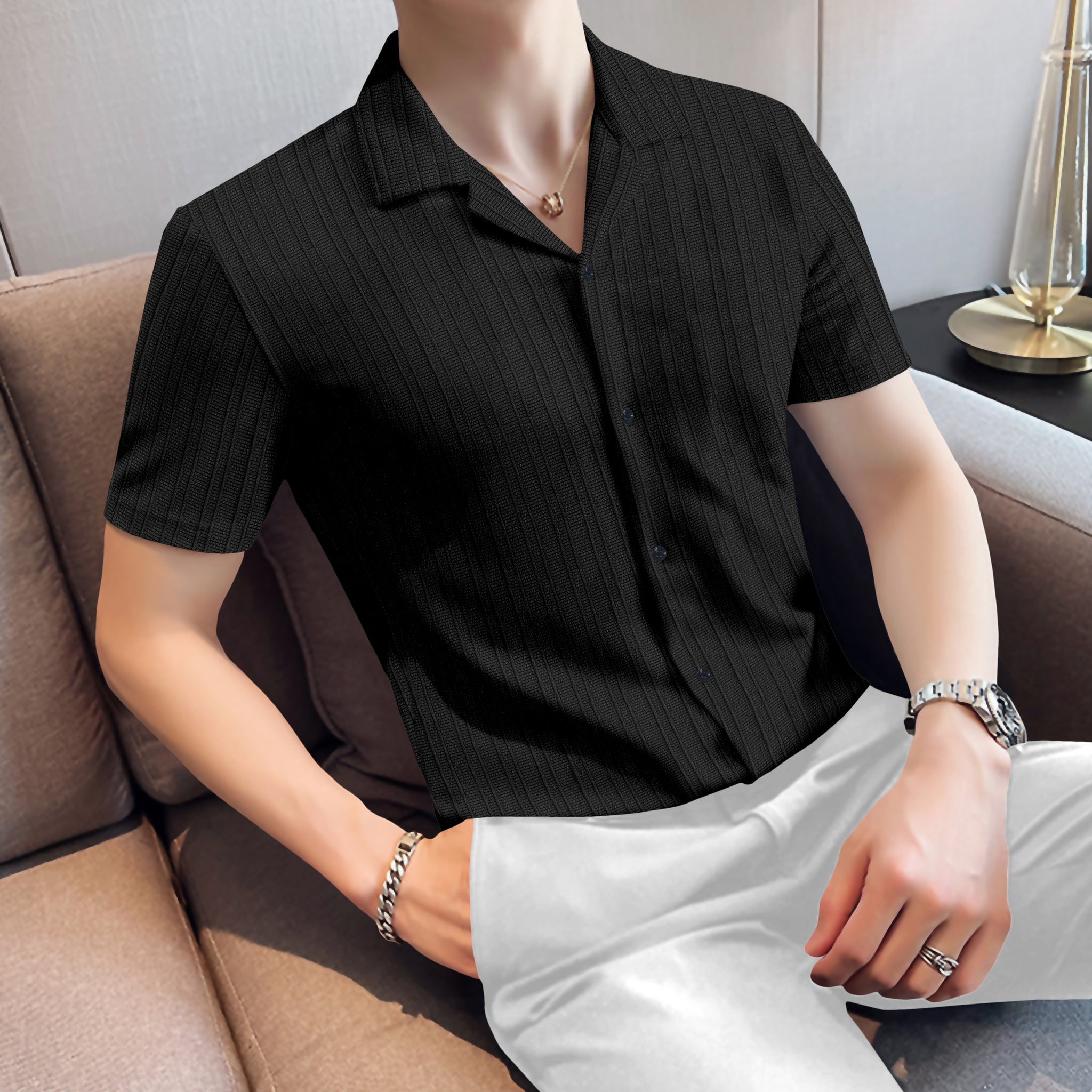 Black Lined Up Casual Half Sleeve Shirt