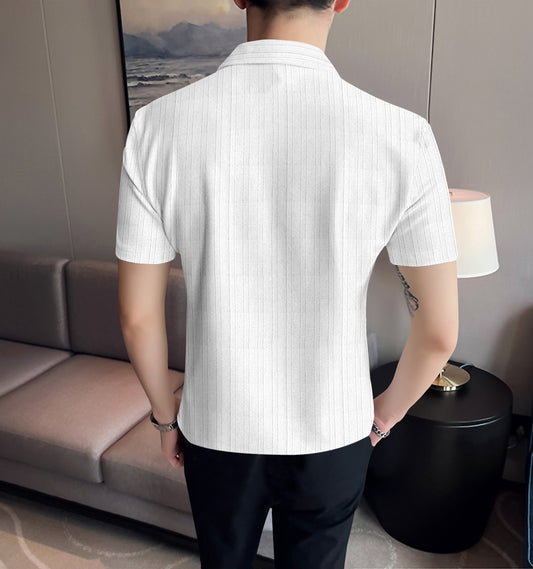 White Lined Up Casual Half Sleeve Shirt