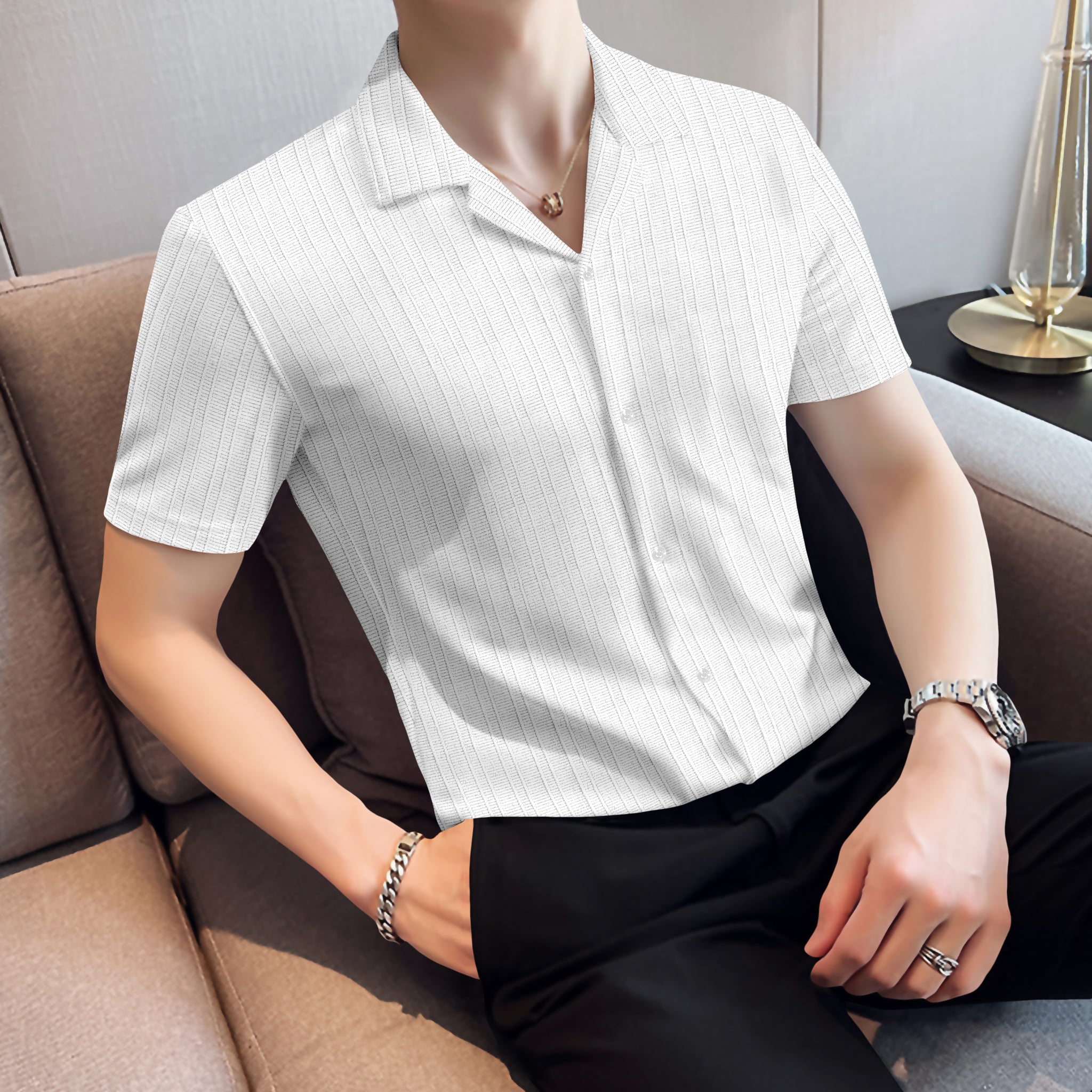 White Lined Up Casual Half Sleeve Shirt